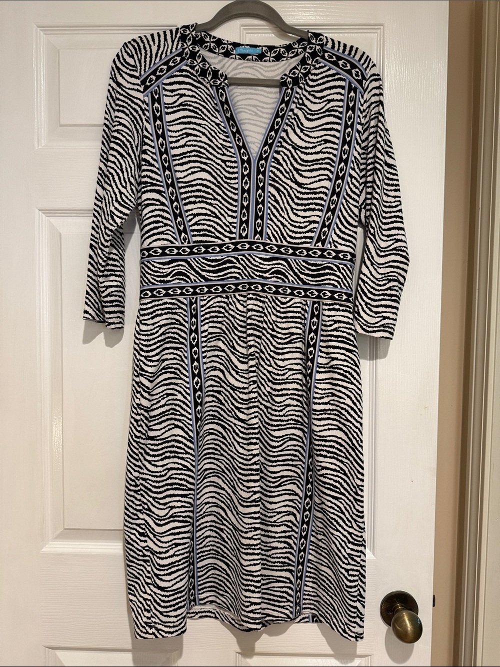J. McLaughlin Black and White Zebra-Print Midi Dress with blue accents